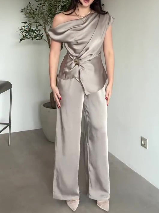 Light Champagne Satin Draped Neck Twist Top & Wide-Leg Pants Set