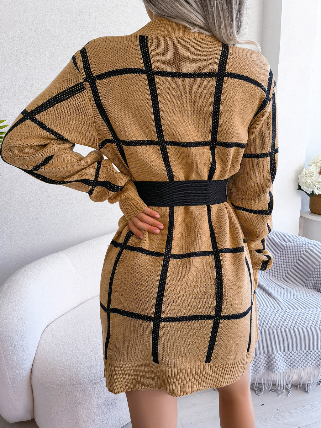 Casual Color Block Plaid Long Sleeve Sweater Dress