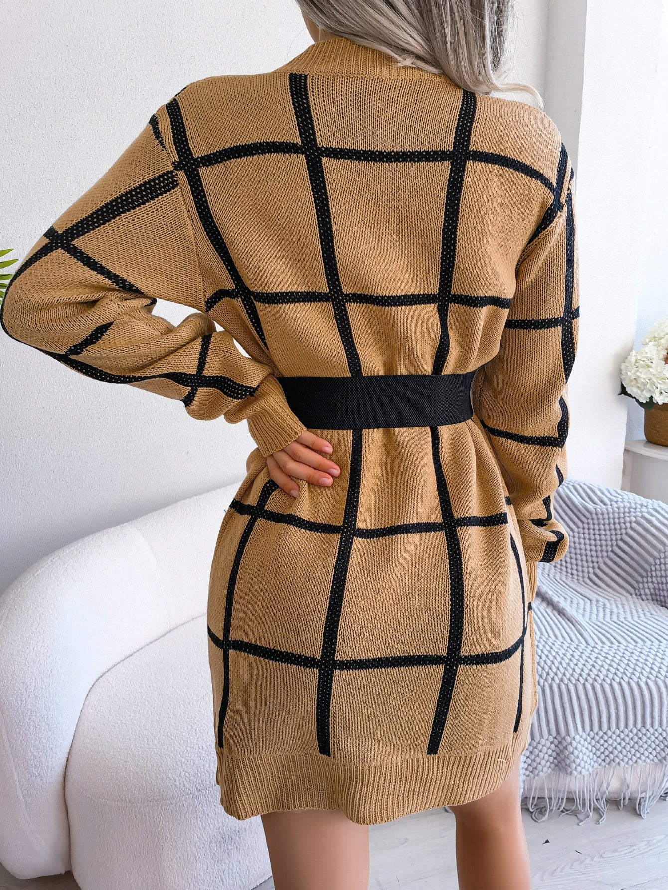 Casual Color Block Plaid Long Sleeve Sweater Dress