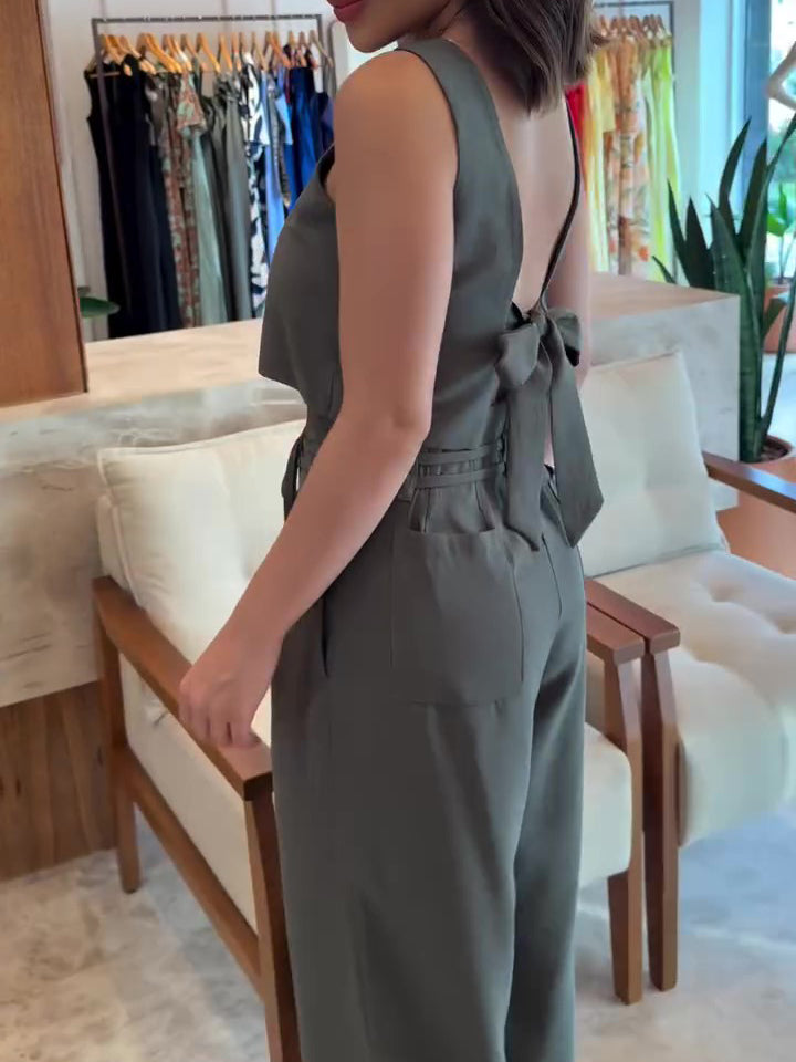 Army Green Backless Bow Tie Sleeveless Top & Wide-Leg Pants Set