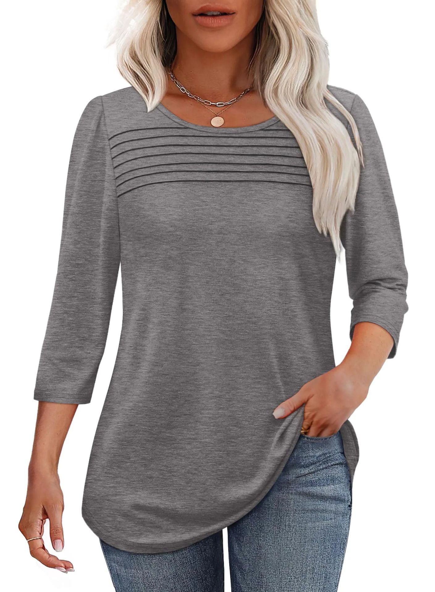 Ladies' Autumn And Winter Round Neck Three-quarters Sleeved Chest Tuck Line Pleated Top