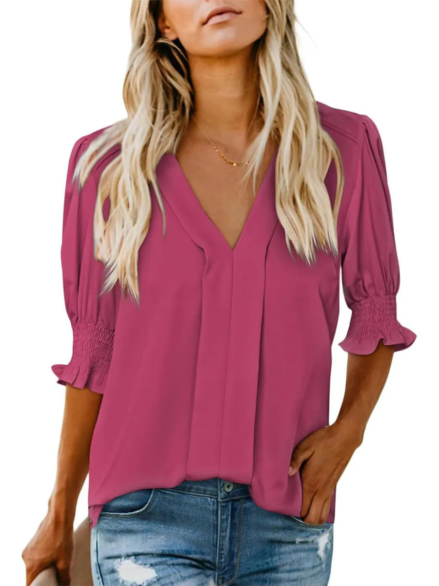 V-neck Short Sleeve Loose Comfortable Fashion Summer Solid Color Small Shirt European And American Style