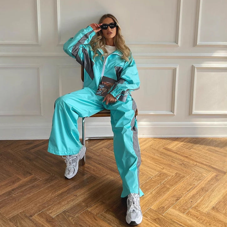 Casual Loose Color Matching Long Sleeve Zipper Cardigan Sports Suit