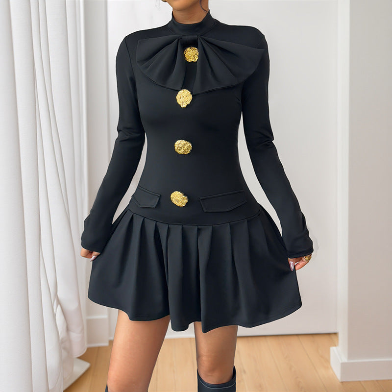 Bow Fastener Decoration Half Turtleneck Dress