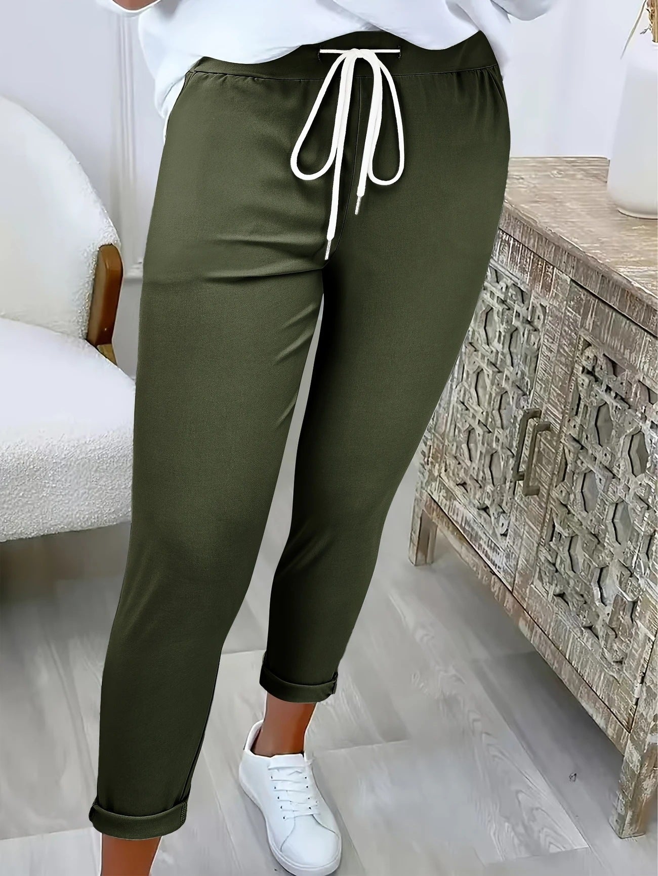 Women's Fashion Belt Lace Up Casual Trousers
