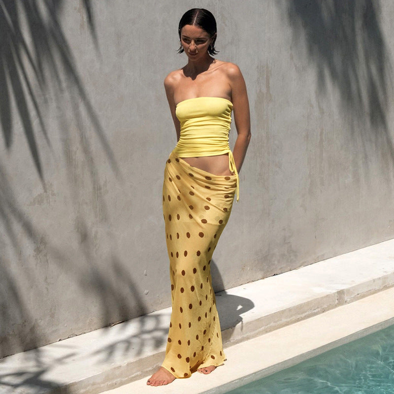 European And American Style Tube Top Hollow-out Dot Mesh Slim-fit Jumpsuit Long Dress For Women