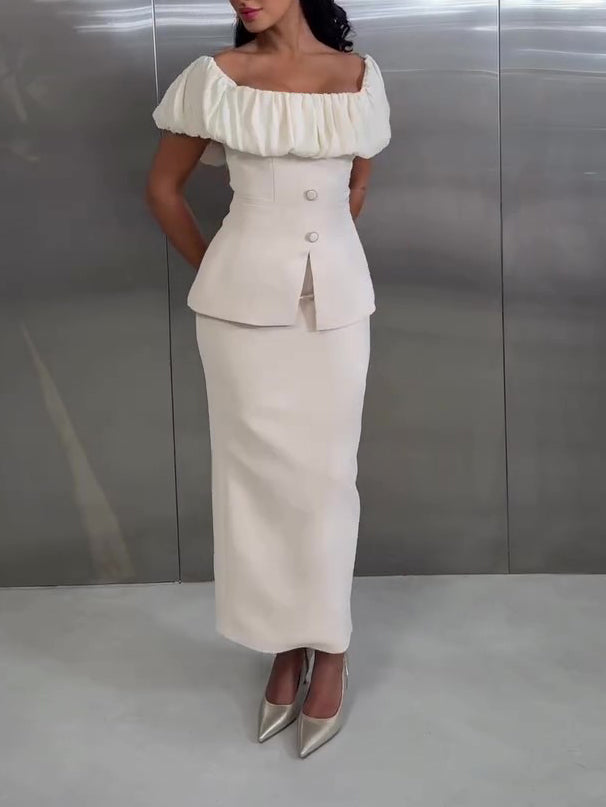 Ivory Off Shoulder Ruffle Top & Tailored High Waisted Skirt 2-Piece Set