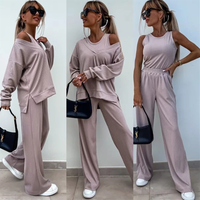 Women's Solid Color Vest Inner Match Long-sleeved V-neck Top Casual Pants Three-piece Set