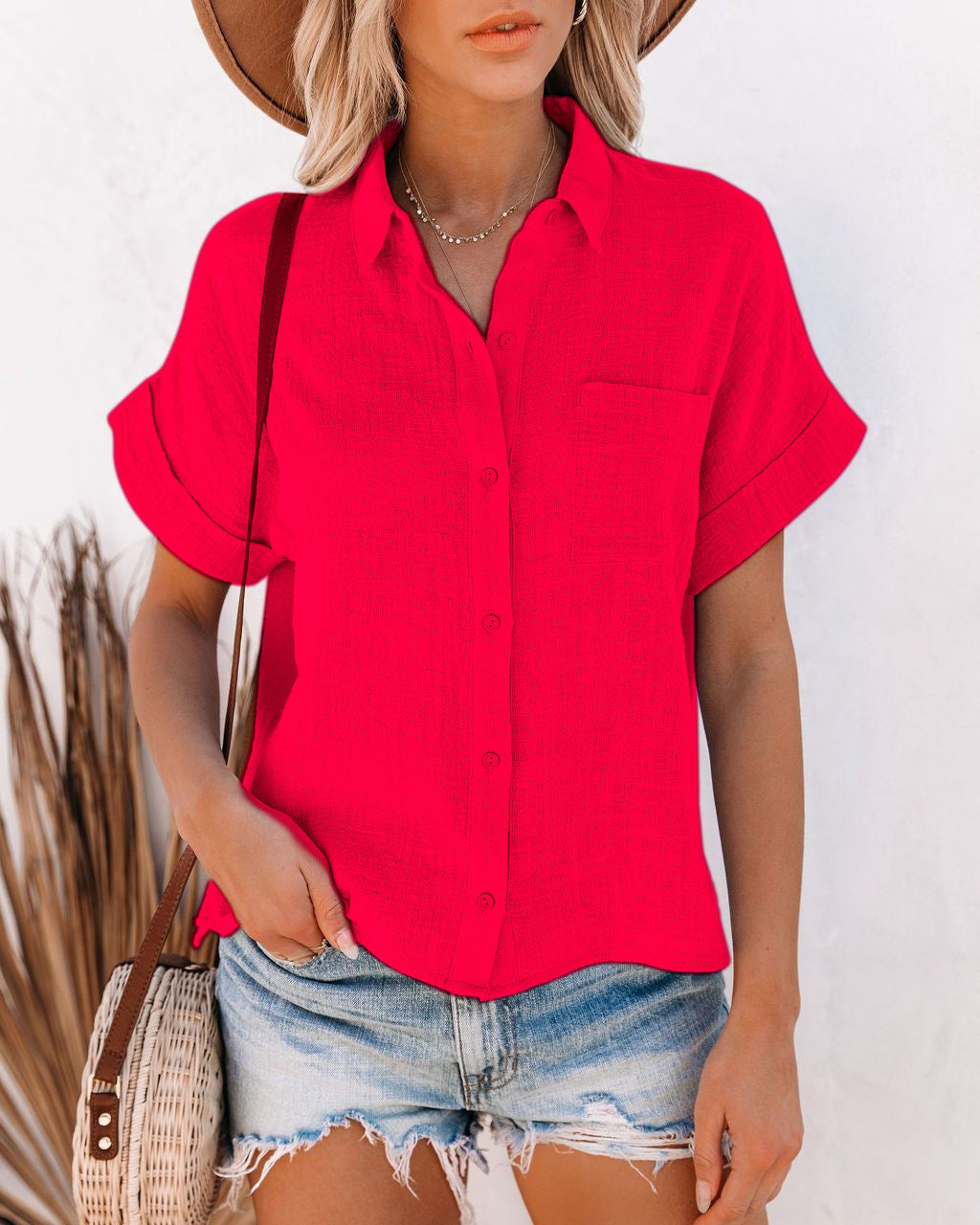 Summer Women's Popular Cotton And Linen Shirt Short Sleeved Women's Lapel Button Up Shirt