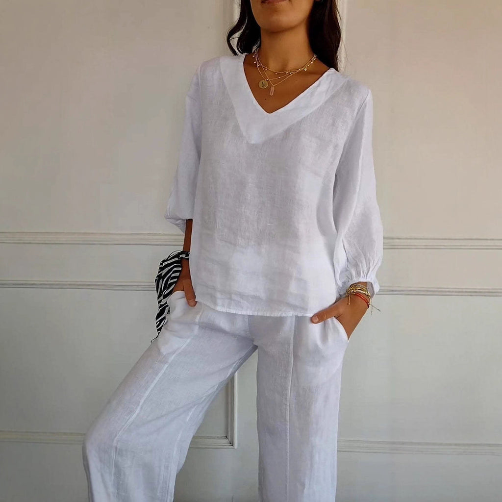 Solid-Color V-Neck Long-Sleeve T-Shirt