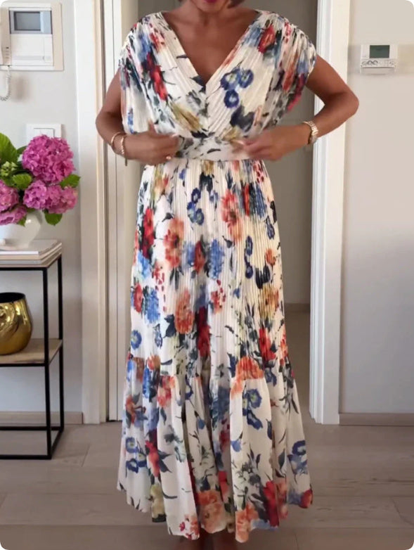 Elegant V-neck Printed Pleated Dress Women