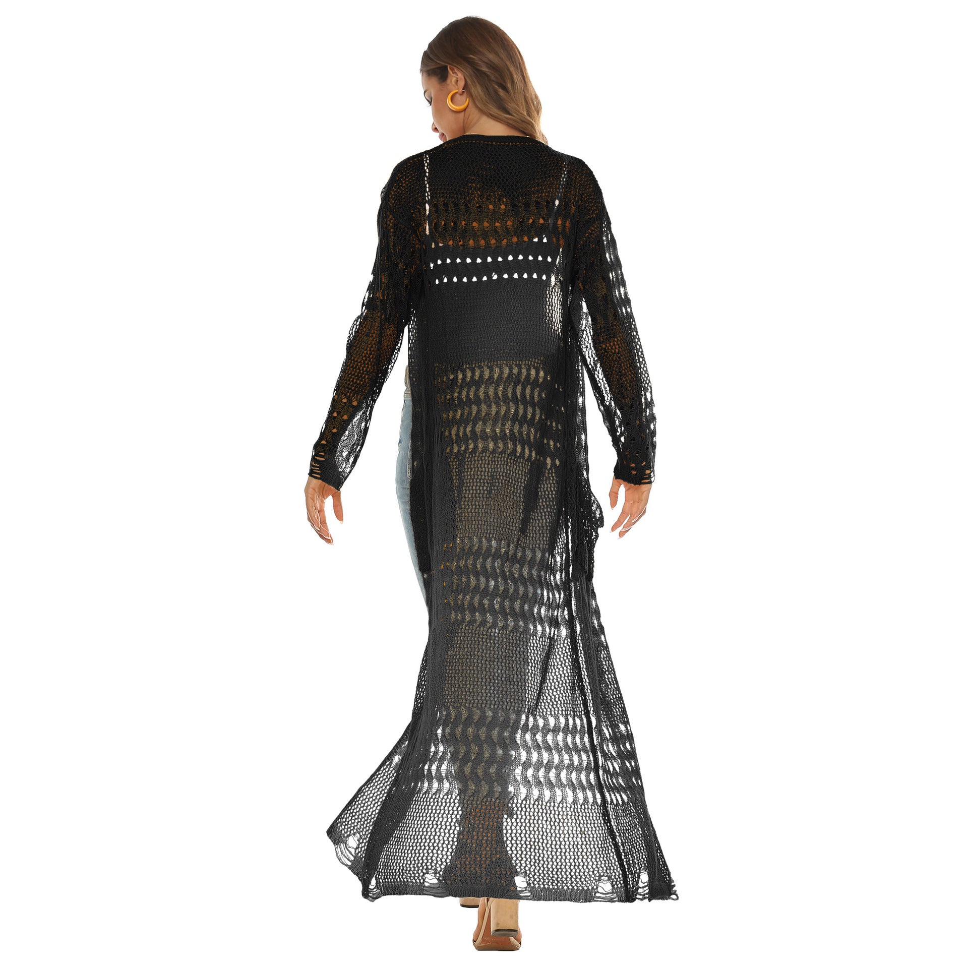 Women's Thin Woven Sweater Sheer Cutout Long