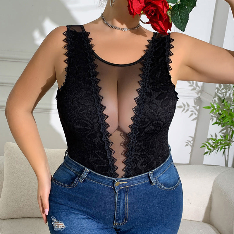 Black Hot Girl Rhombus Lace Slim Fit Patchwork European And American Style Lace Sexy Siamese Top