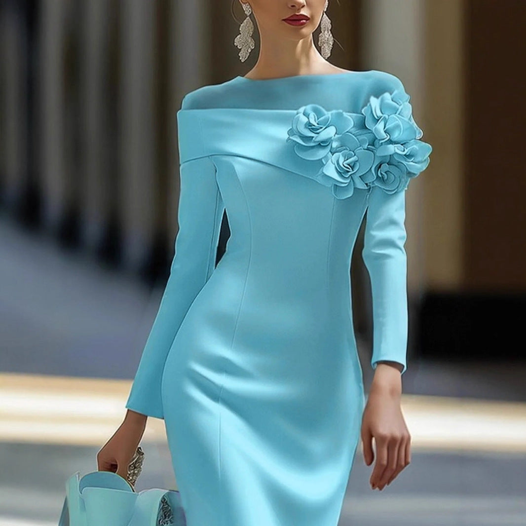 Floral-decorated Solid-color Slim-fit Dress