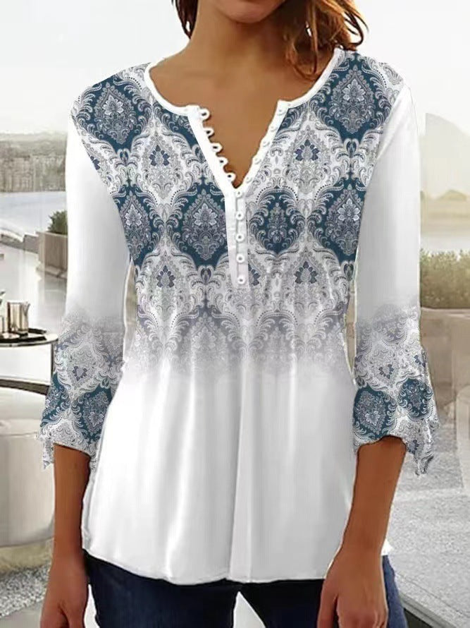 V-neck Slim-fit Printed Top Women