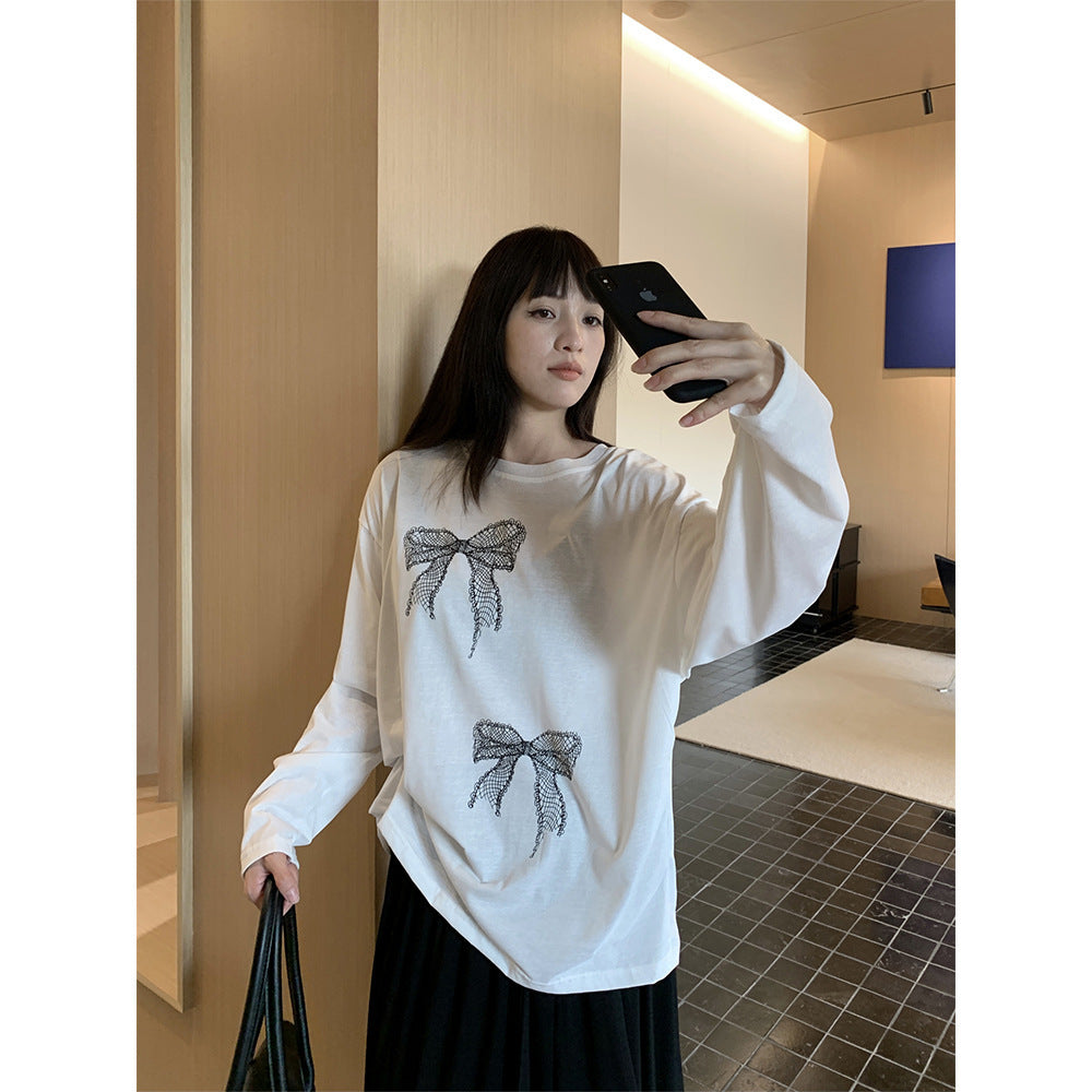 Bow Print Long-sleeved T-shirt Women's Thin Loose Top