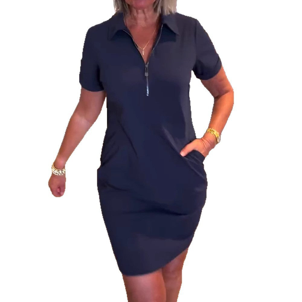 European And American Fashion Casual Lapel Short Sleeve Zipper Solid Color Dress