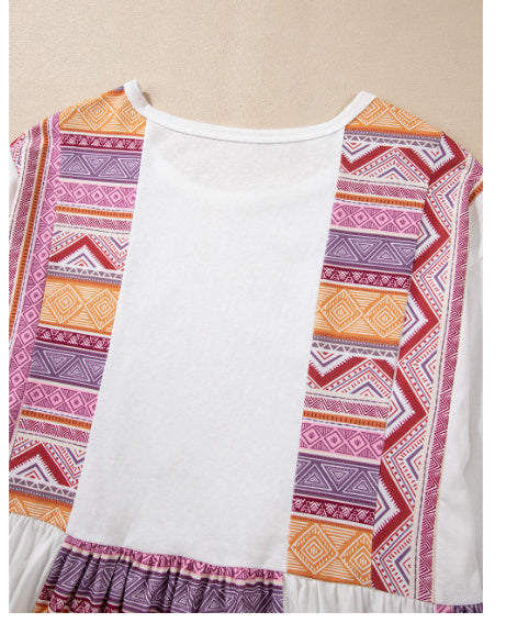 White Western Aztec Print Patchwork Ruffled Tunic Long Sleeve Babydoll Top