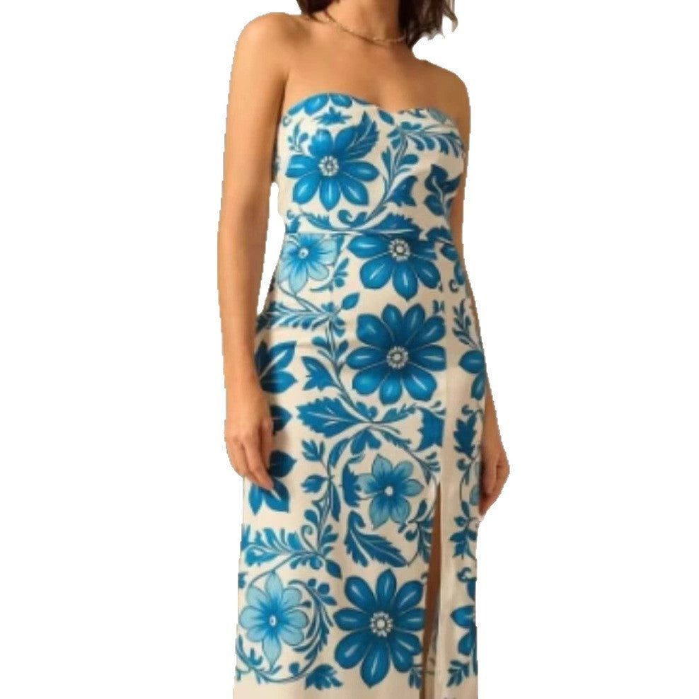 Printed Chest Wrap Slit Slim-fitting Dress