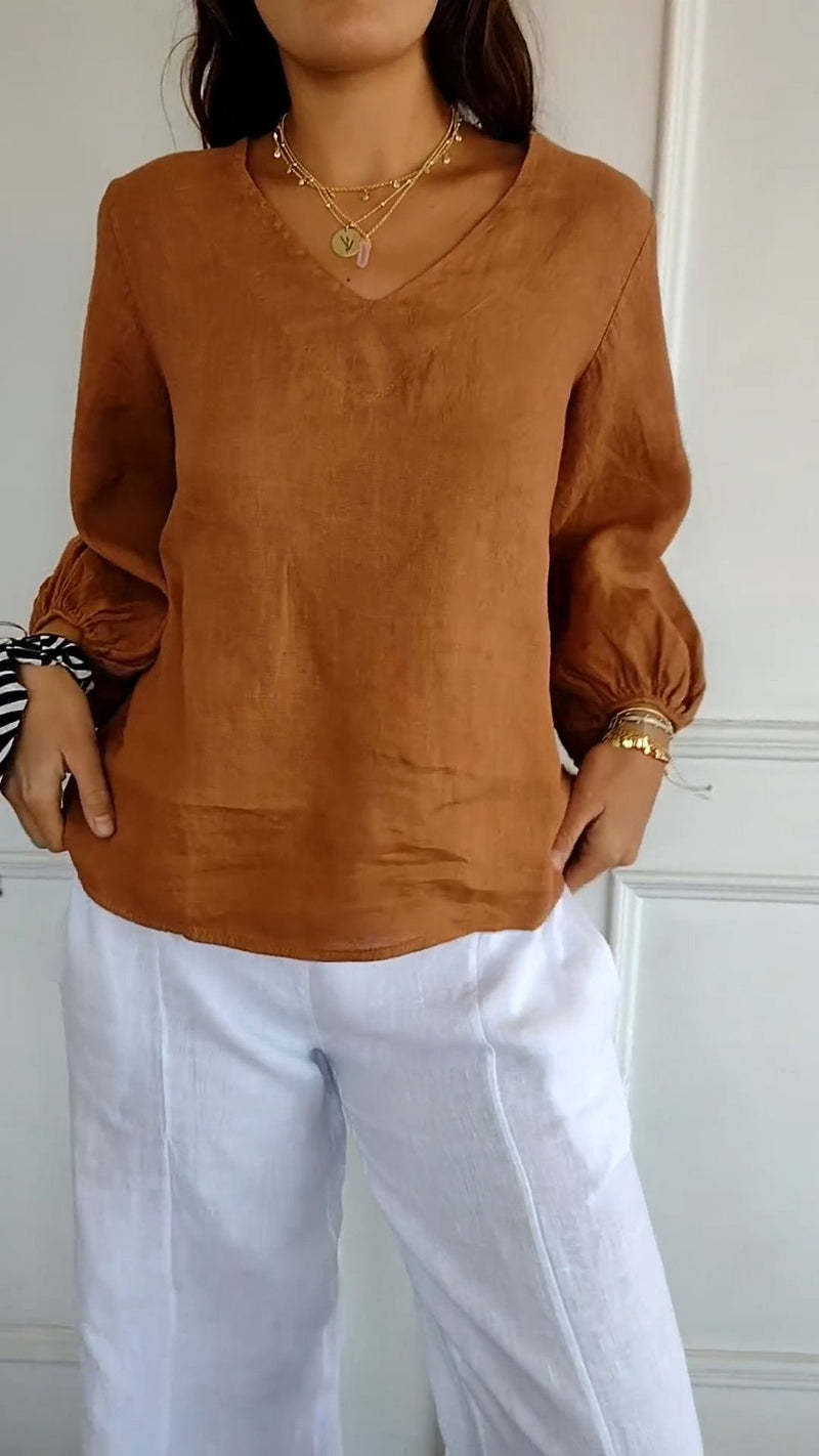 Solid-Color V-Neck Long-Sleeve T-Shirt