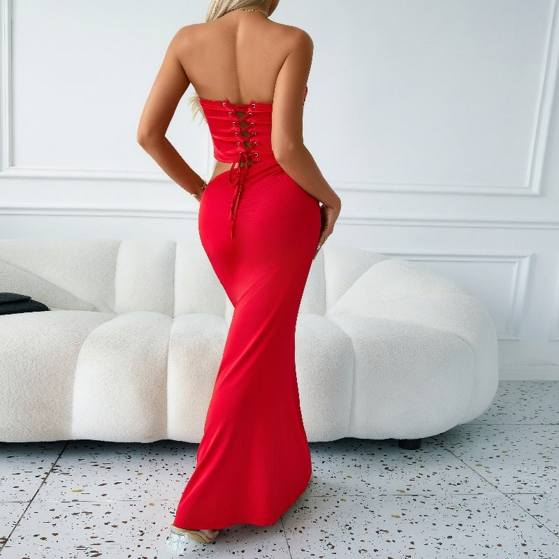 Women's Tube Top Back Tied Slim Fit Temperament Red Dress
