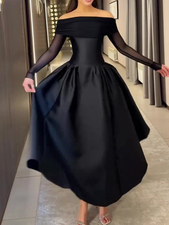 Black Off-Shoulder Mesh Long Sleeve Waist-Cinched Flared Midi Gown