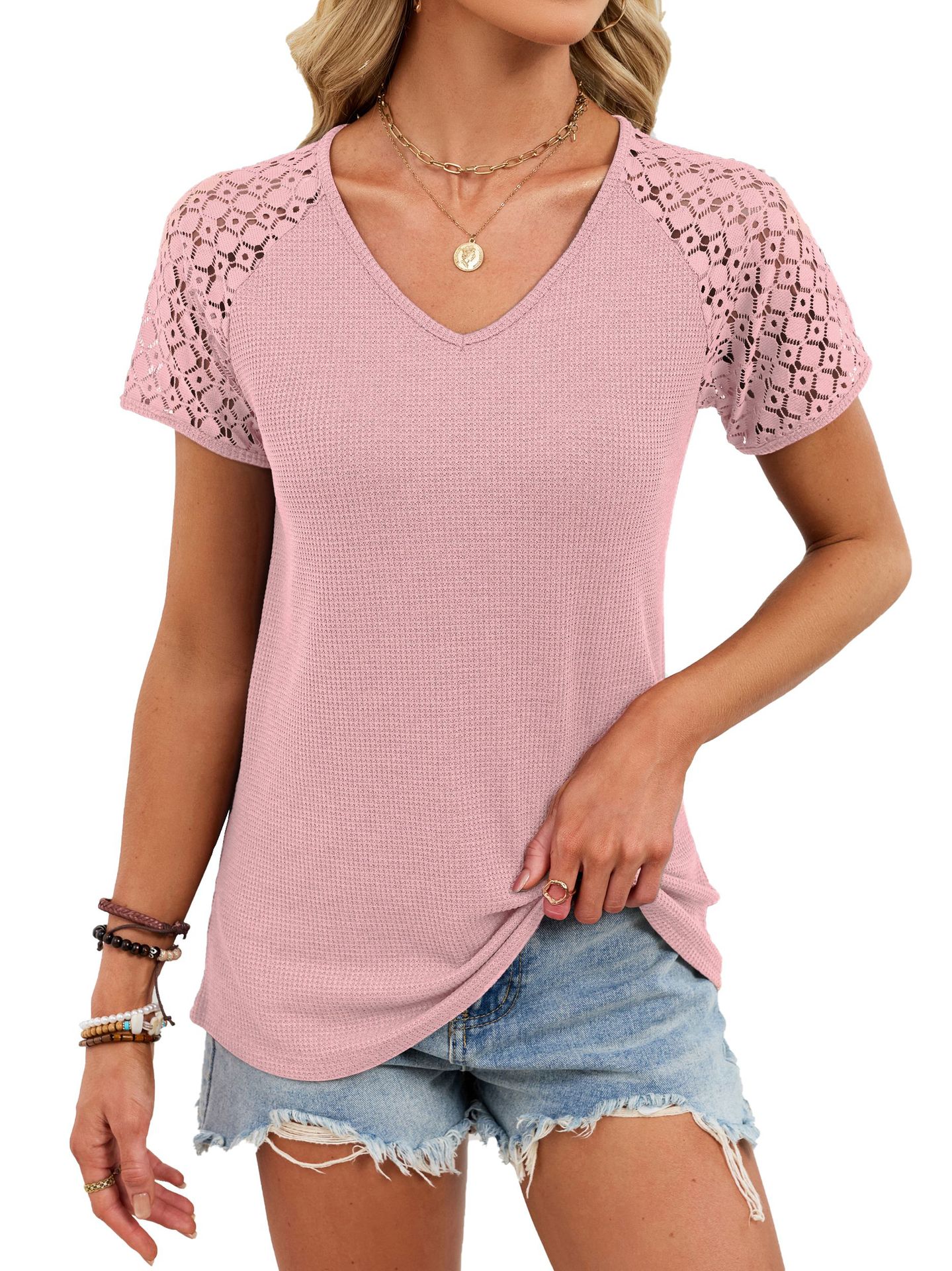 V-Neck Waffle-Knit Grace Panel-Sleeve Casual T-Shirt