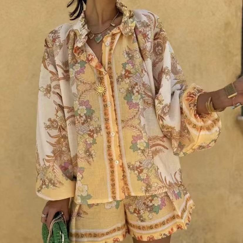 Stand-up Collar Puff Sleeve Single-placket Printed Shorts Suit