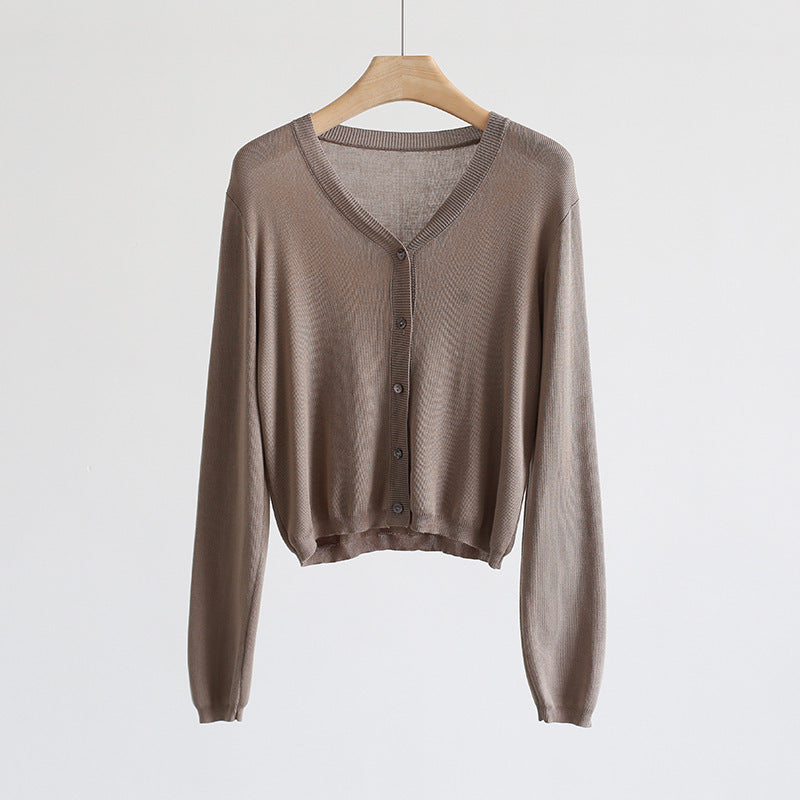Spring And Summer V-neck Short Tencel Knitted Cardigan Pure Color All-matching