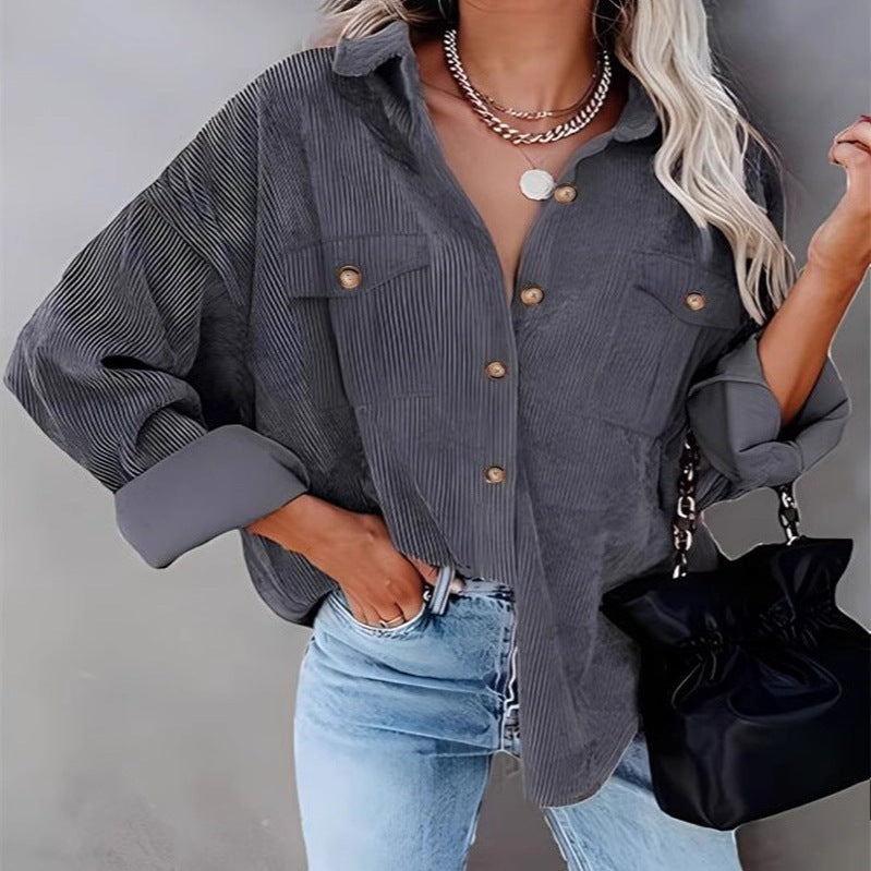 Autumn And Winter New Solid Color Button Corduroy Long Sleeve Loose Coat Women's Clothing