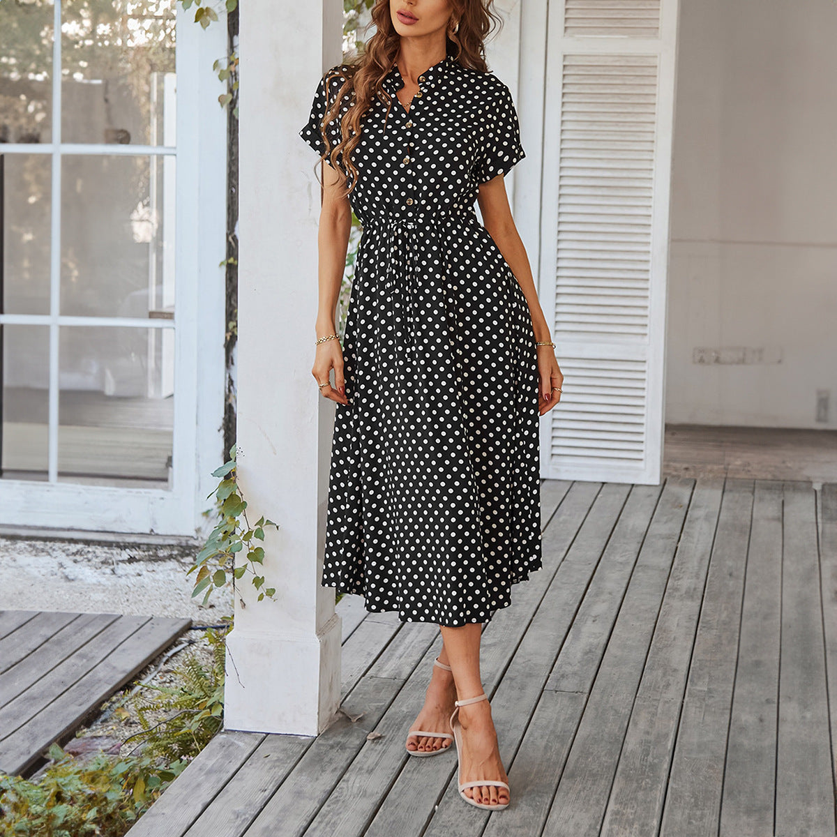 Temperament Leisure Vacation Style Polka Dot Print High Waist Lace-up Dress
