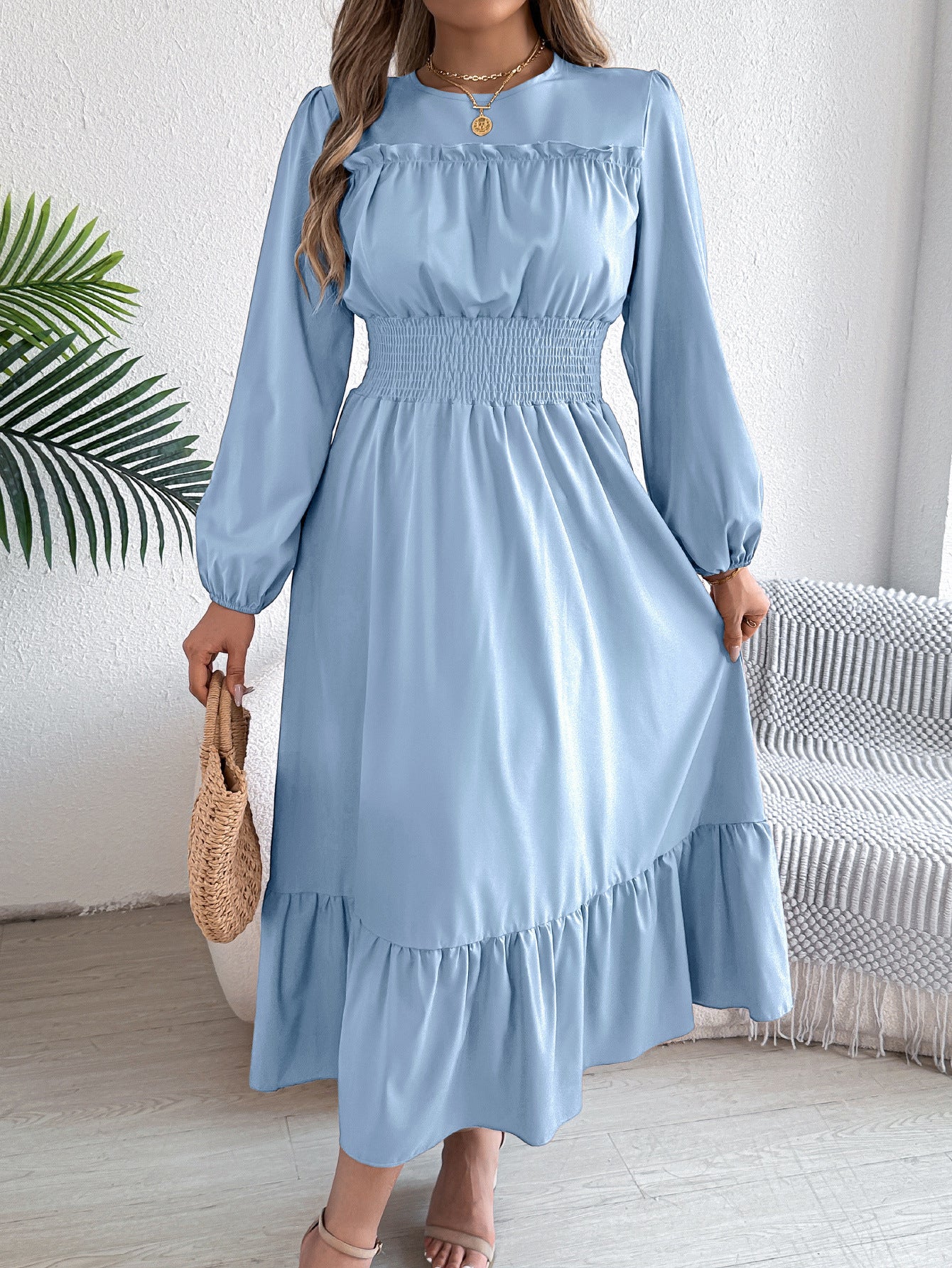 Women's Solid Color Stringy Selvedge Cinched Pleated Long Dress
