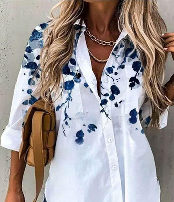 Spring And Summer New Fashionable Printed Collar Long Sleeved Shirt For Women