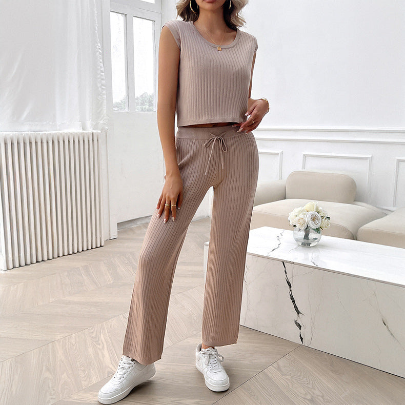 Casual Slim-fit Solid Color Woolen Sleeveless Bm Top Cropped Pants Set