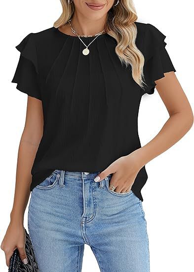Hot Selling Women's Formal Casual Summer Pleated Short Sleeved Round Neck Top, Business Work Shirt