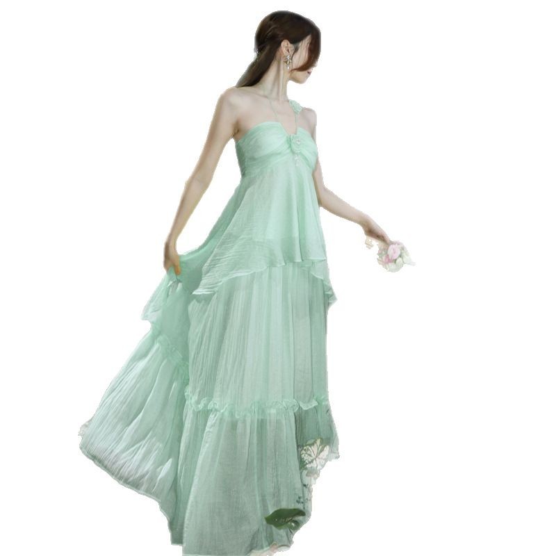 High-end Design French Chic Beach Dress Seaside Vacation Mint Mambo Green Halter Dress