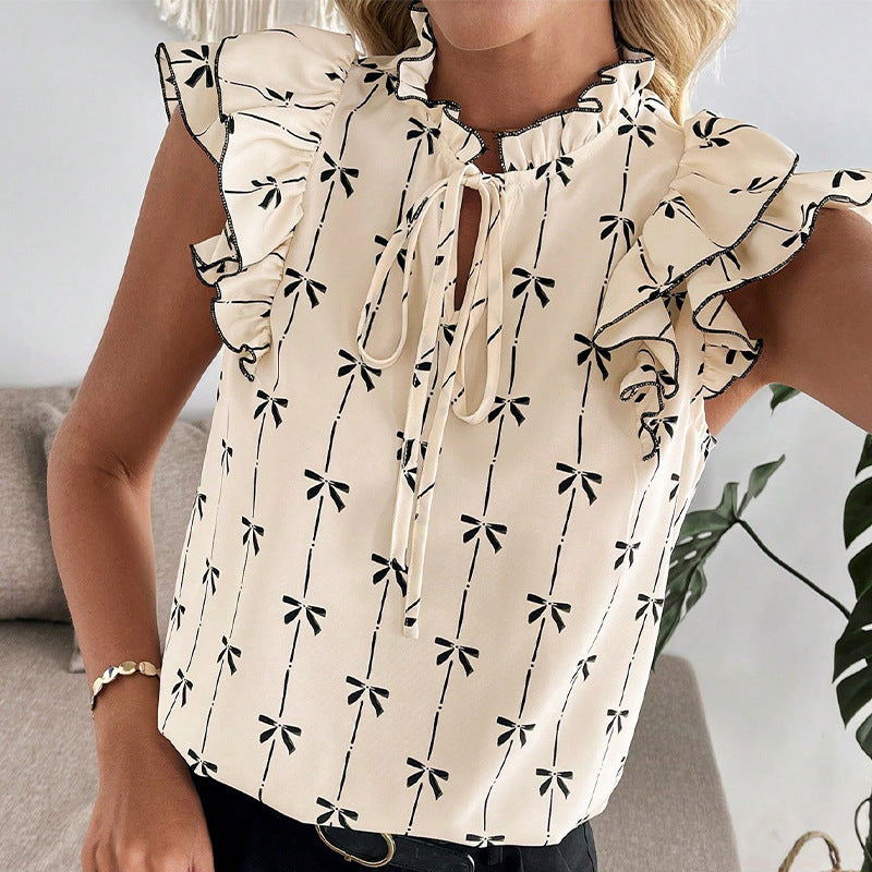 Ruffled Short Sleeve Drawstring Lace Collar Shirt
