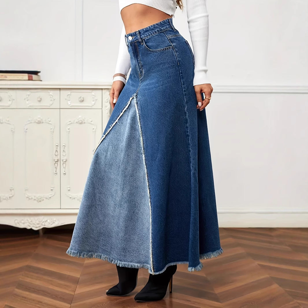 Womens Patchwork Denim Raw-Hem Skirt