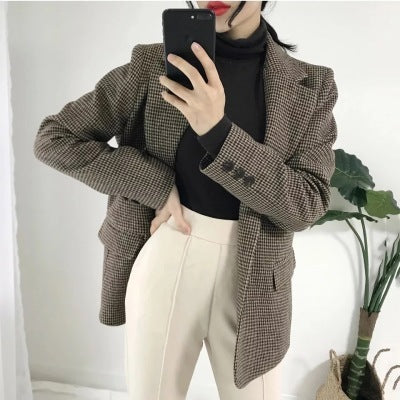 Houndstooth Retro Loose Slimming Woolen Blazer