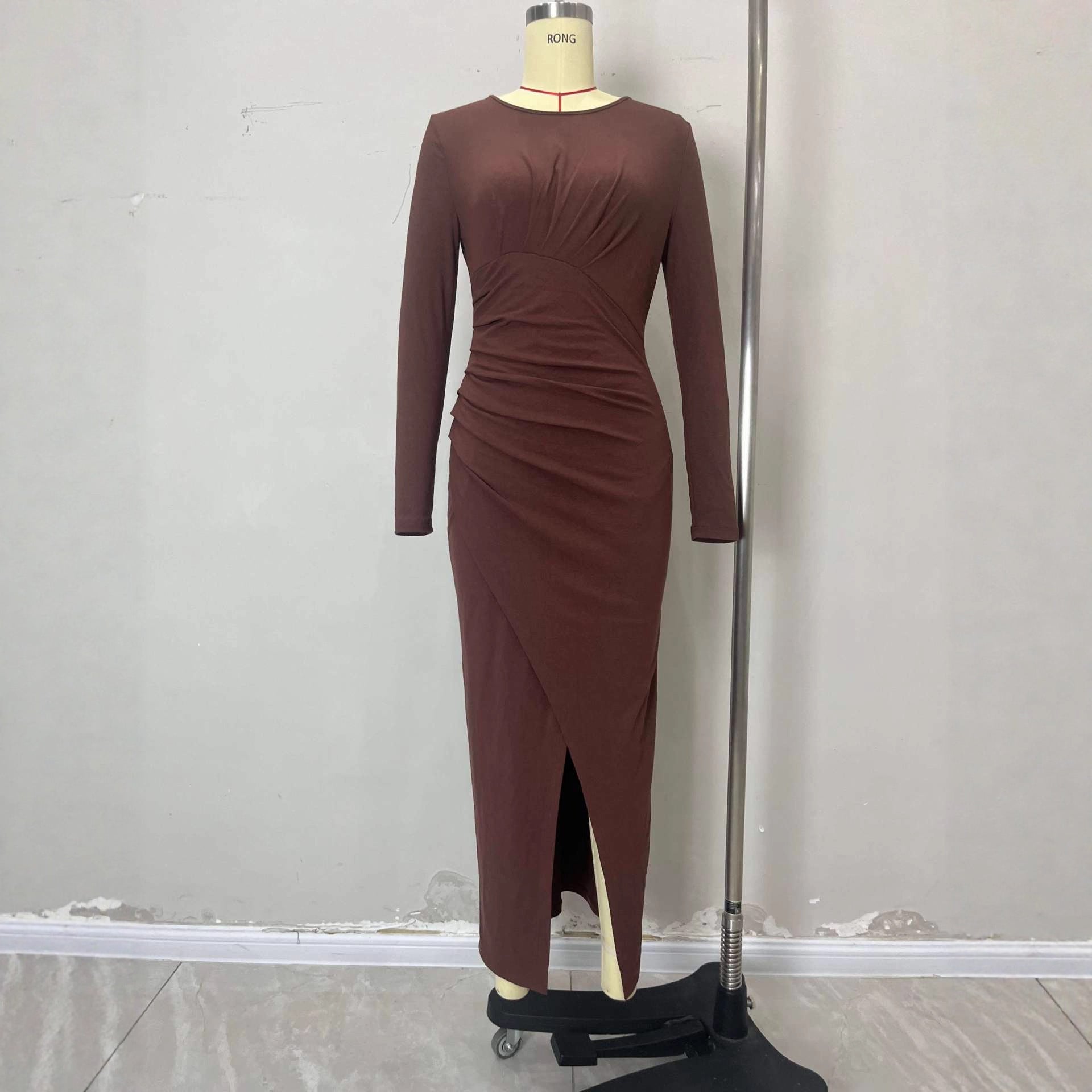 Solid Color High-slit Pleated Design Knit Long-sleeve Bodycon Dress