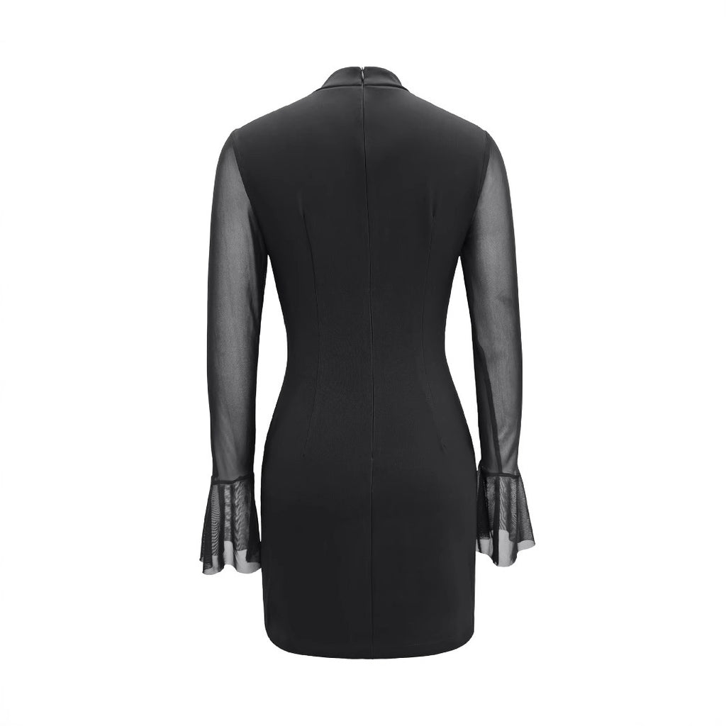 Women's Solid Color Semi-sheer Long-sleeve High-neck Fitted Dress