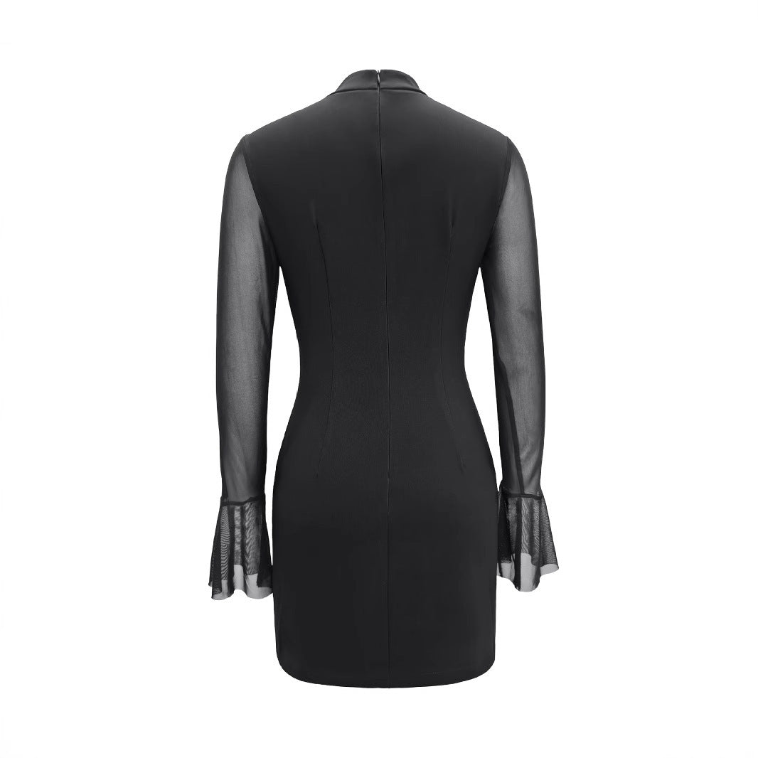 Women's Solid Color Semi-sheer Long-sleeve High-neck Fitted Dress