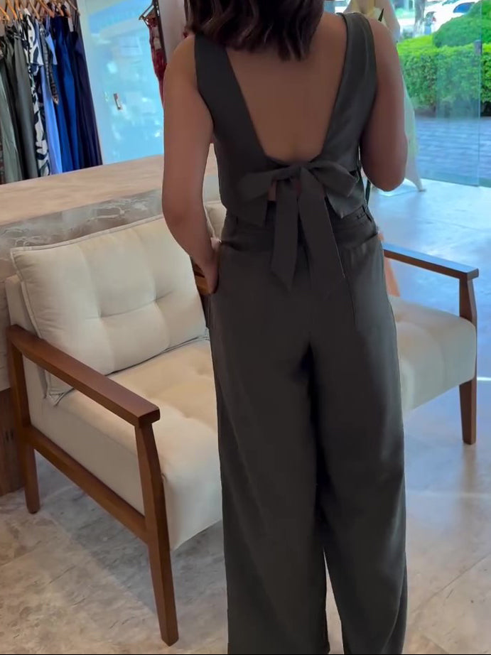 Army Green Backless Bow Tie Sleeveless Top & Wide-Leg Pants Set