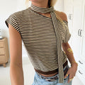 Asymmetrical Slanted-neck Striped T-shirt For Women