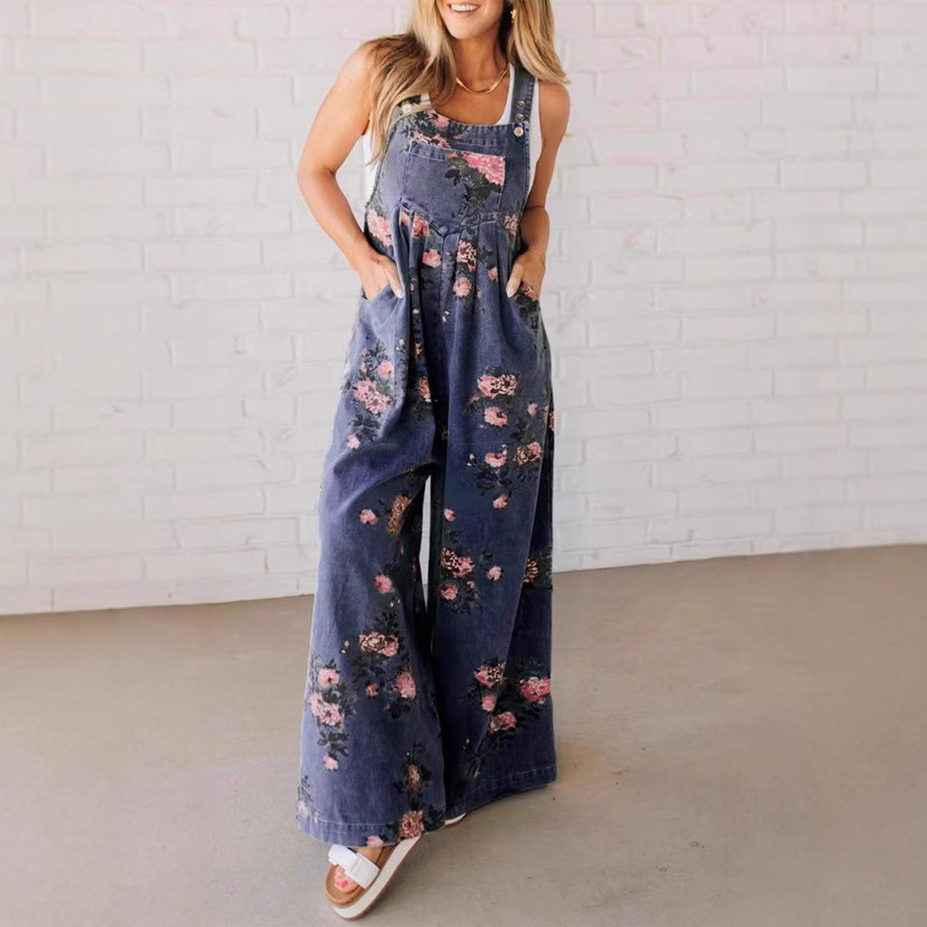 Fashion Denim Floral Print Sleeveless Strap Jumpsuit