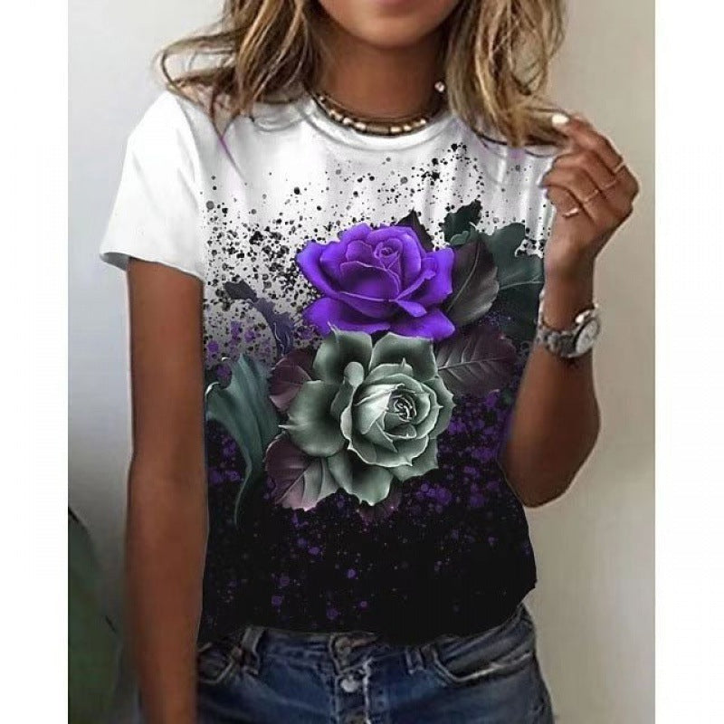 Artificial Cotton 3D Sunflower Print Round Neck T-shirt