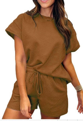 Solid Color Round Neck Short Sleeves Top Shorts Suit