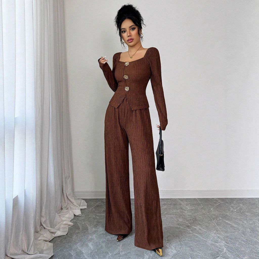 Metal Rose Buckle Slim-Fit Fashionable Womens Suit