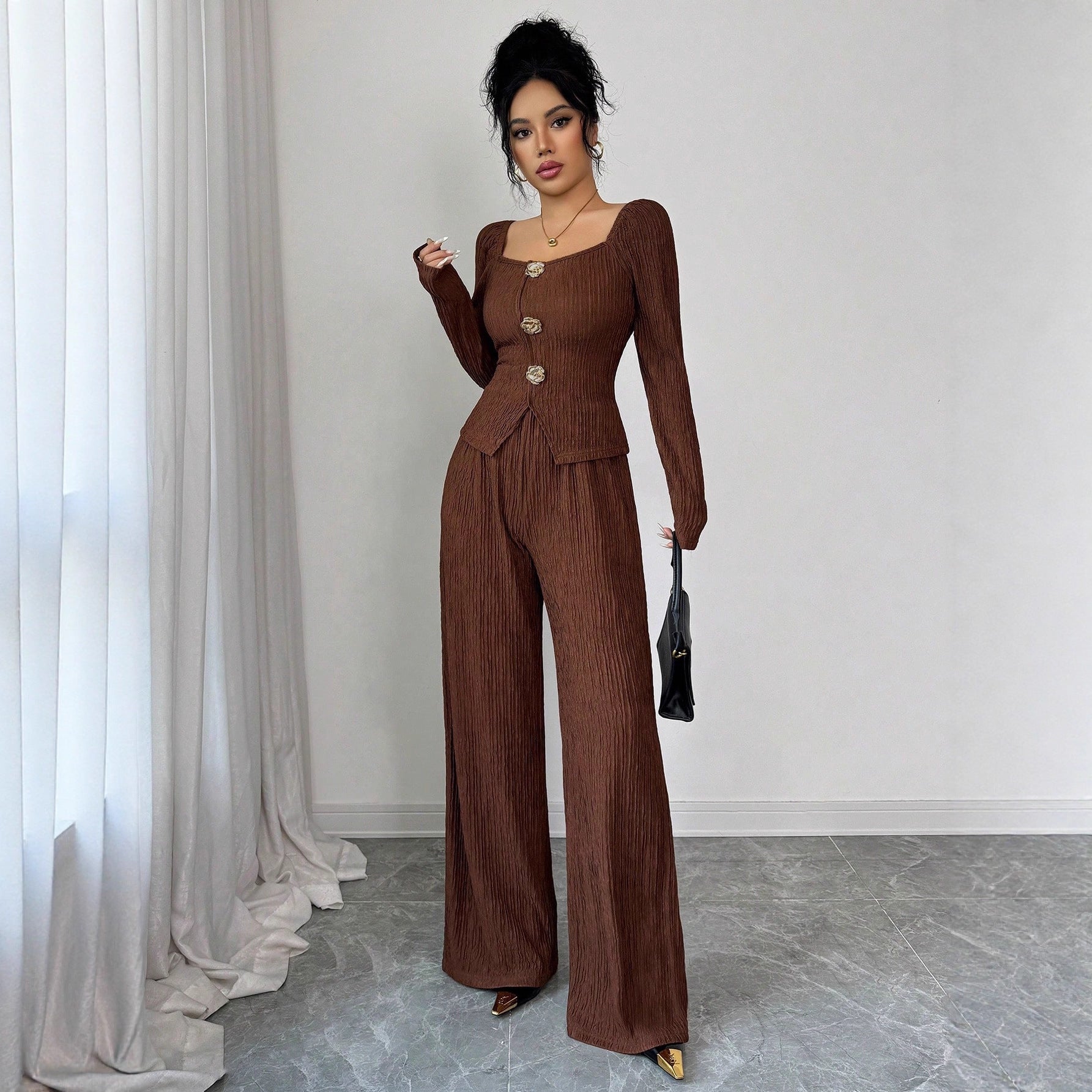 Metal Rose Buckle Slim-Fit Fashionable Womens Suit