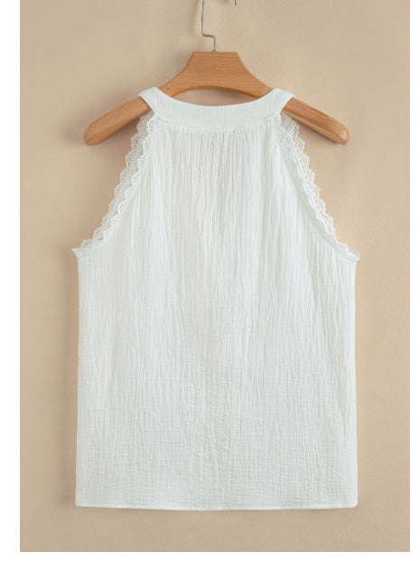 White Textured Lace Trim Pure Cotton Sleeveless Top